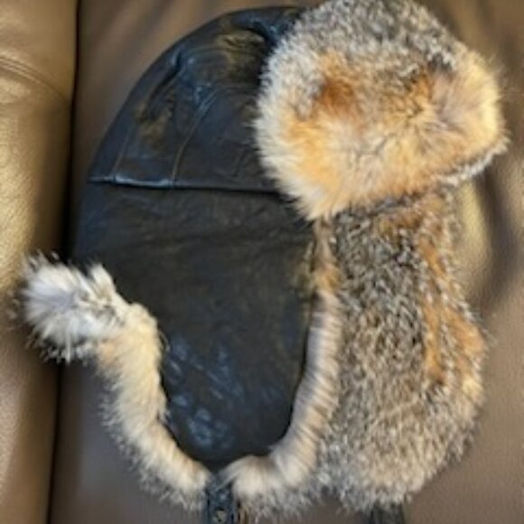 Barneys New York 100% Real Fox Fur Black Leather Trapper Winter Hat main image 9